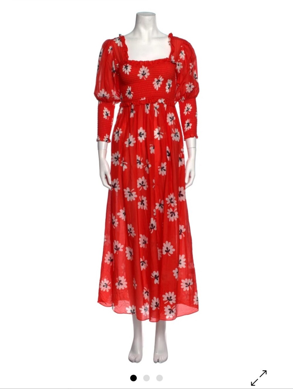 Ganni Red Floral Smocked Midi Dress